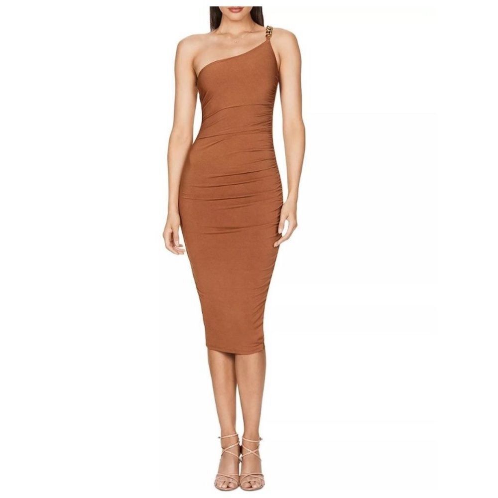 NWT Nookie Alyssa Chain Shoulder Bodycon Midi Dress Tan SZ M